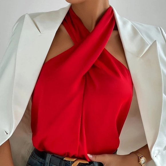 Chic Cross Front Backless Halter Top Red - Picture 5 of 6